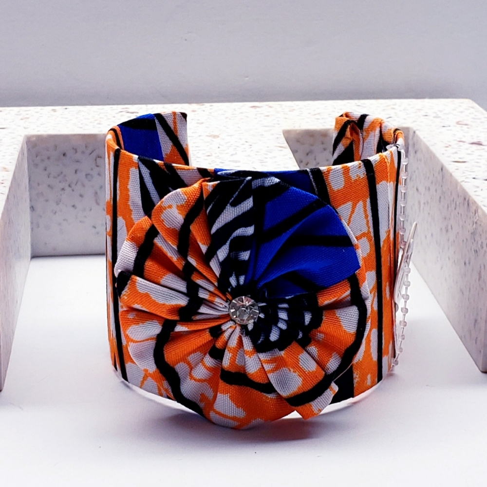 Adjustable Royal Blue Afrocentric Fabric Metal Cuff BraceletMetal Cuff Bracelet